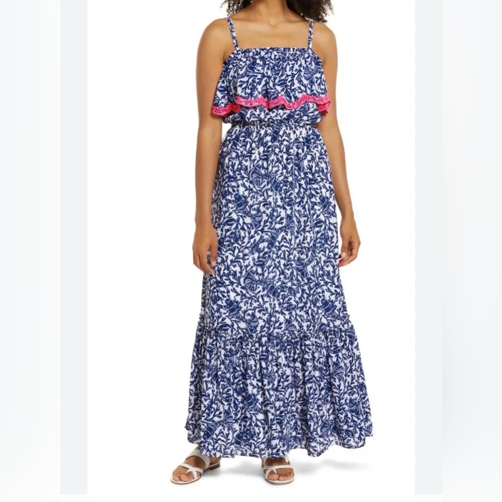 Lilly Pulitzer XL Blue Floral Maxi Dress with Pink Scallop Trim - Picture 3 of 7